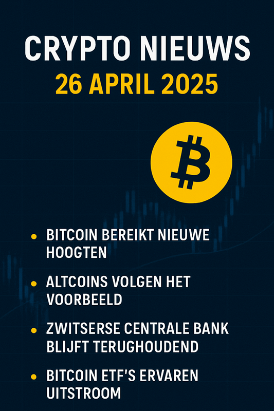 Grafiek van stijgende cryptokoersen met grote gouden Bitcoin-munt en de tekst ‘Cryptomarkt 26 april 2025: Bitcoin breekt records, altcoins stijgen mee