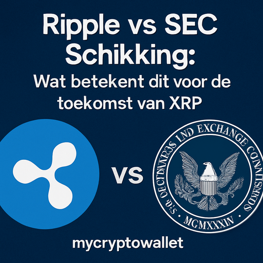 Wat betekent dit voor de toekomst van XRP?”, met het Ripple-logo links, het SEC-logo rechts en de website mycryptowallet onderaan.