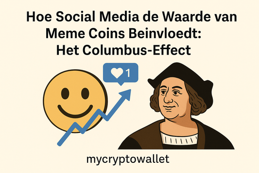 Afbeelding met de tekst “Hoe Social Media de Waarde van Meme Coins Beïnvloedt: Het Columbus-Effect”, inclusief een lachende gouden munt, een stijgende grafiek en een illustratie van Columbus.