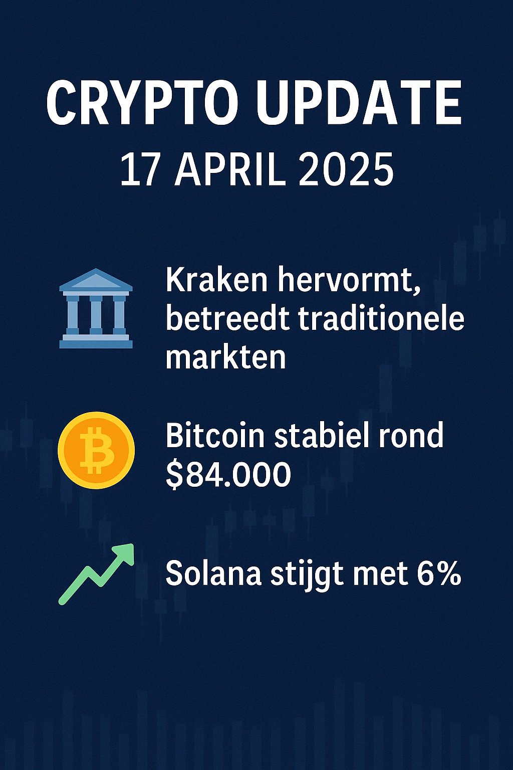 Crypto Update 17 april 2025: Kraken herstructureert, Bitcoin stabiel, Solana stijgt