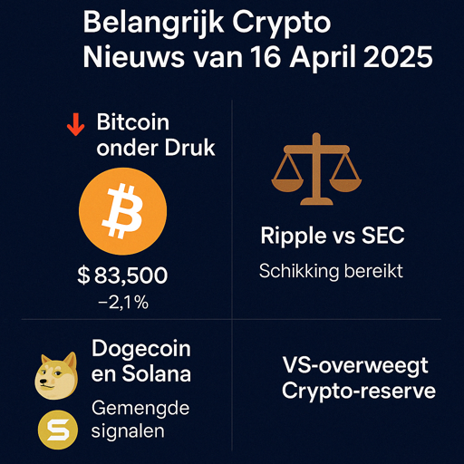 Een infographic met als titel “Belangrijk Crypto Nieuws van 16 April 2025”, waarin vier hoofdpunten worden samengevat: Bitcoin staat onder druk met een prijs van $83.500 en een daling van 2,1%, Ripple heeft een schikking bereikt met de SEC