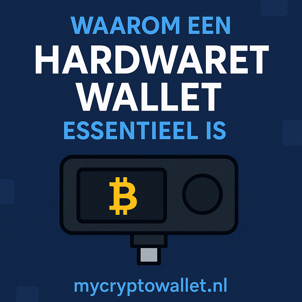 Digitale afbeelding van een hardware wallet met Bitcoin-logo, benadrukt het belang van veilige crypto-opslag in 2025 via MyCryptoWallet.nl