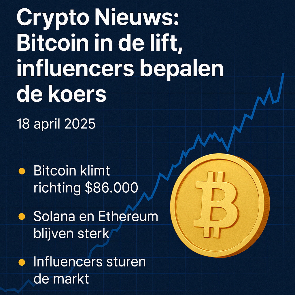Grafiek met stijgende lijn, Bitcoin-symbool en samenvatting van crypto nieuws van 18 april 2025: stijgende Bitcoin koers, sterke Solana en Ethereum, en invloed van influencers op de markt.