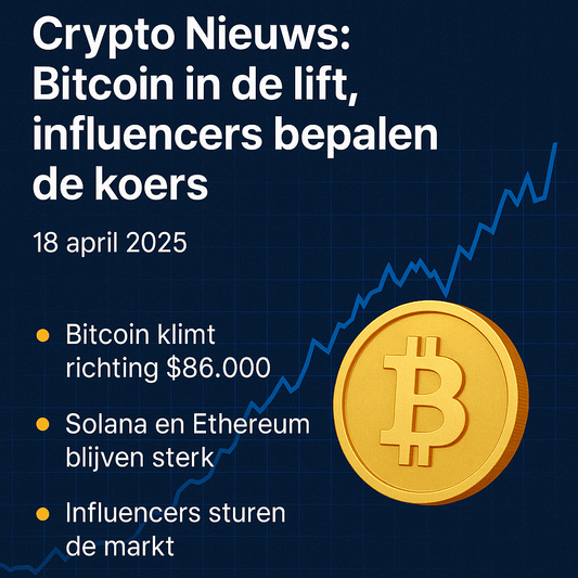 Grafiek met stijgende lijn, Bitcoin-symbool en samenvatting van crypto nieuws van 18 april 2025: stijgende Bitcoin koers, sterke Solana en Ethereum, en invloed van influencers op de markt.