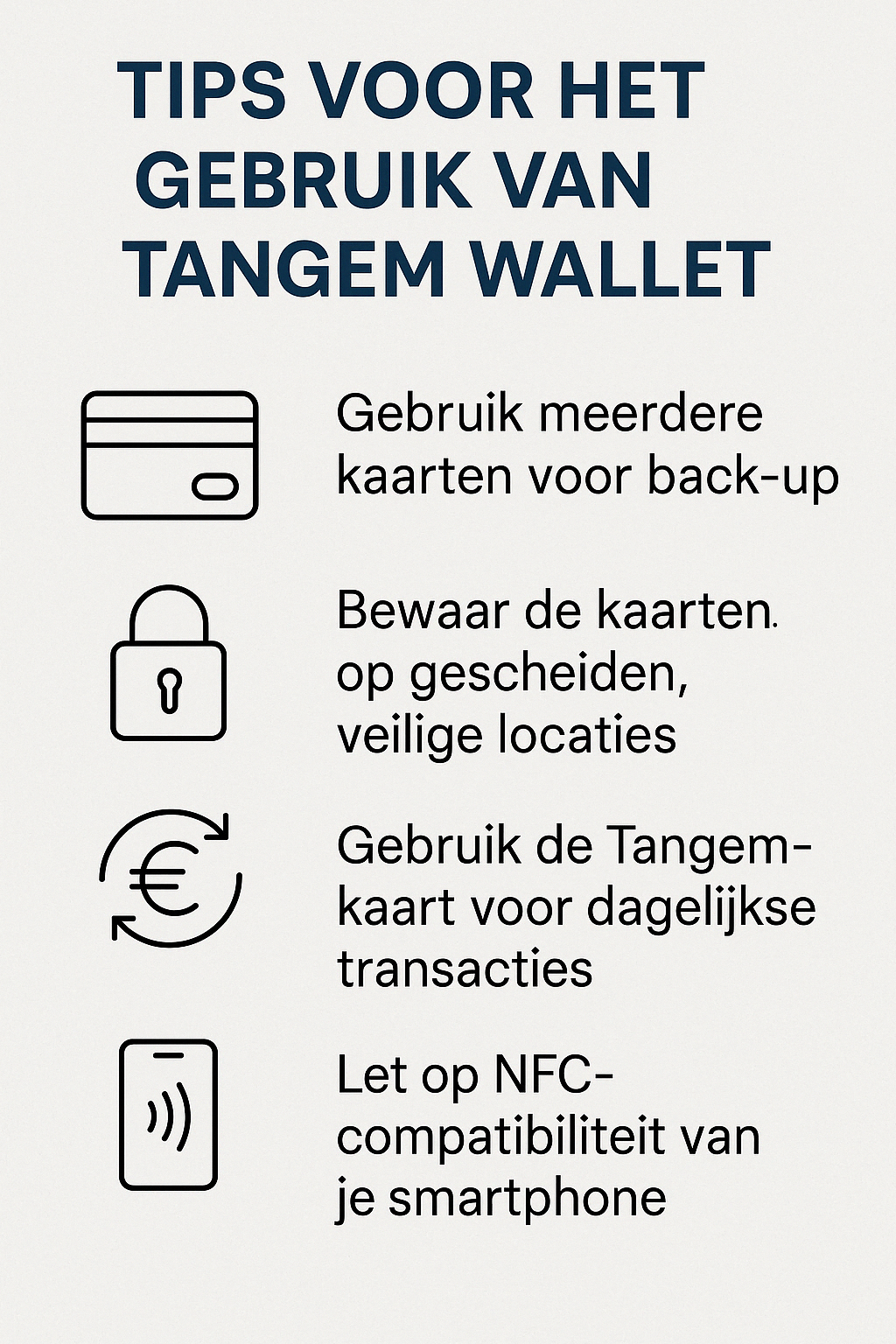 Overzichtelijke infographic met tips voor het gebruik van de Tangem wallet, inclusief iconen en adviezen 