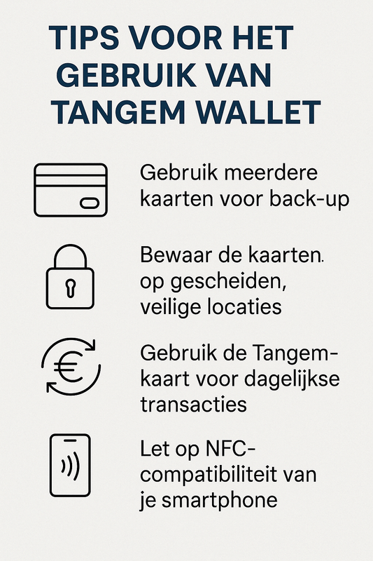 Overzichtelijke infographic met tips voor het gebruik van de Tangem wallet, inclusief iconen en adviezen 