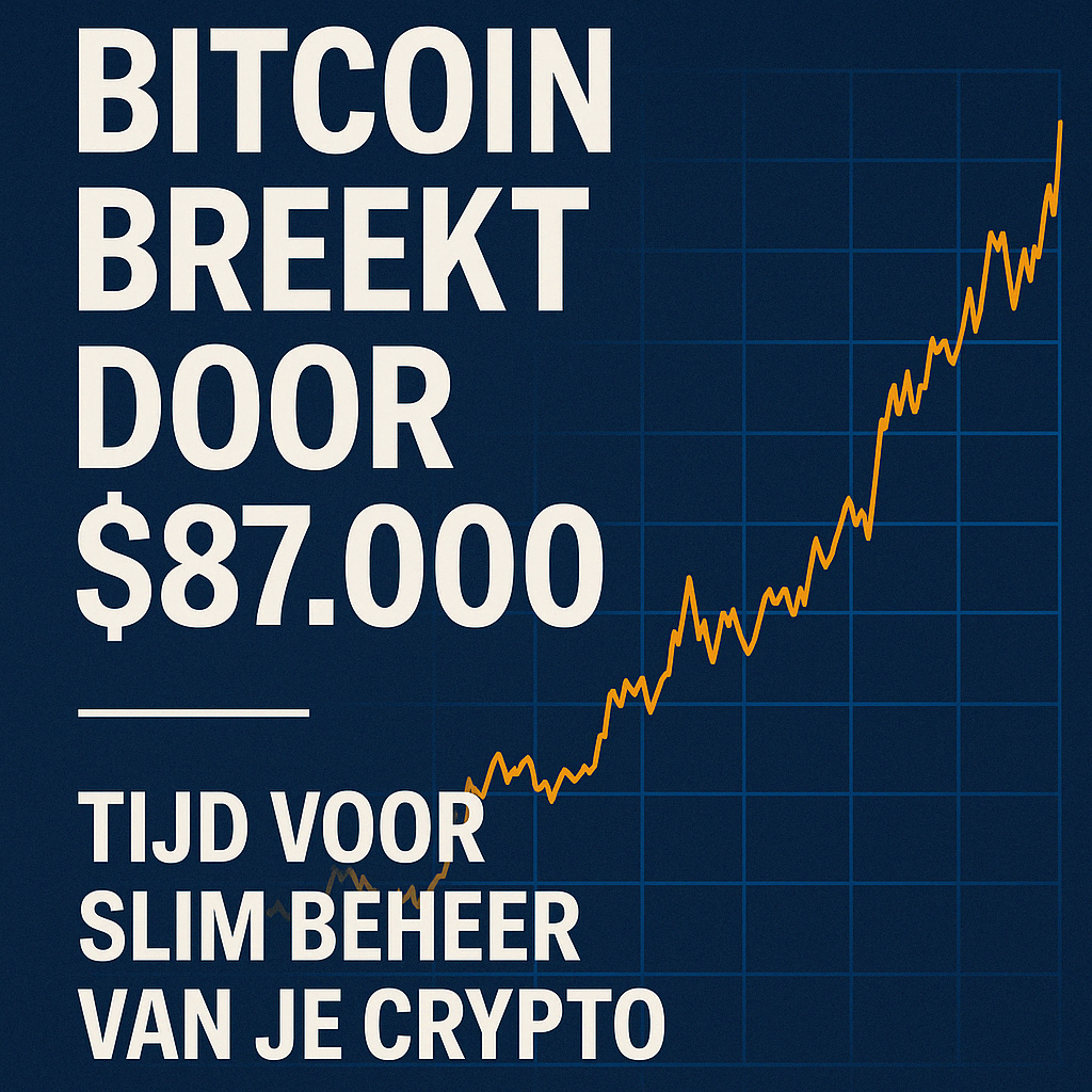Grafiek met stijgende Bitcoin koers tot $87.000 op donkerblauwe achtergrond, met tekst ‘Bitcoin breekt door $87.000 – Tijd voor slim beheer van je crypto