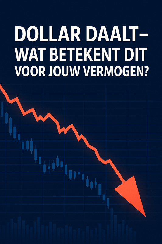 Dalende lijn op een koersgrafiek met rode pijl omlaag en tekst ‘Dollar daalt – Wat betekent dit voor jouw vermogen?