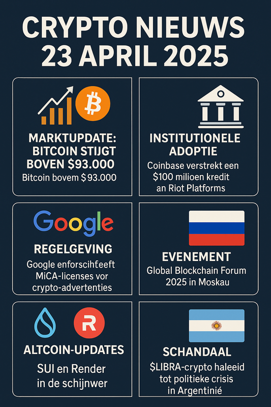 Overzichtsgrafiek van het belangrijkste crypto nieuws op 23 april 2025 in het Nederlands, met onderwerpen zoals de stijging van Bitcoin boven $93.000