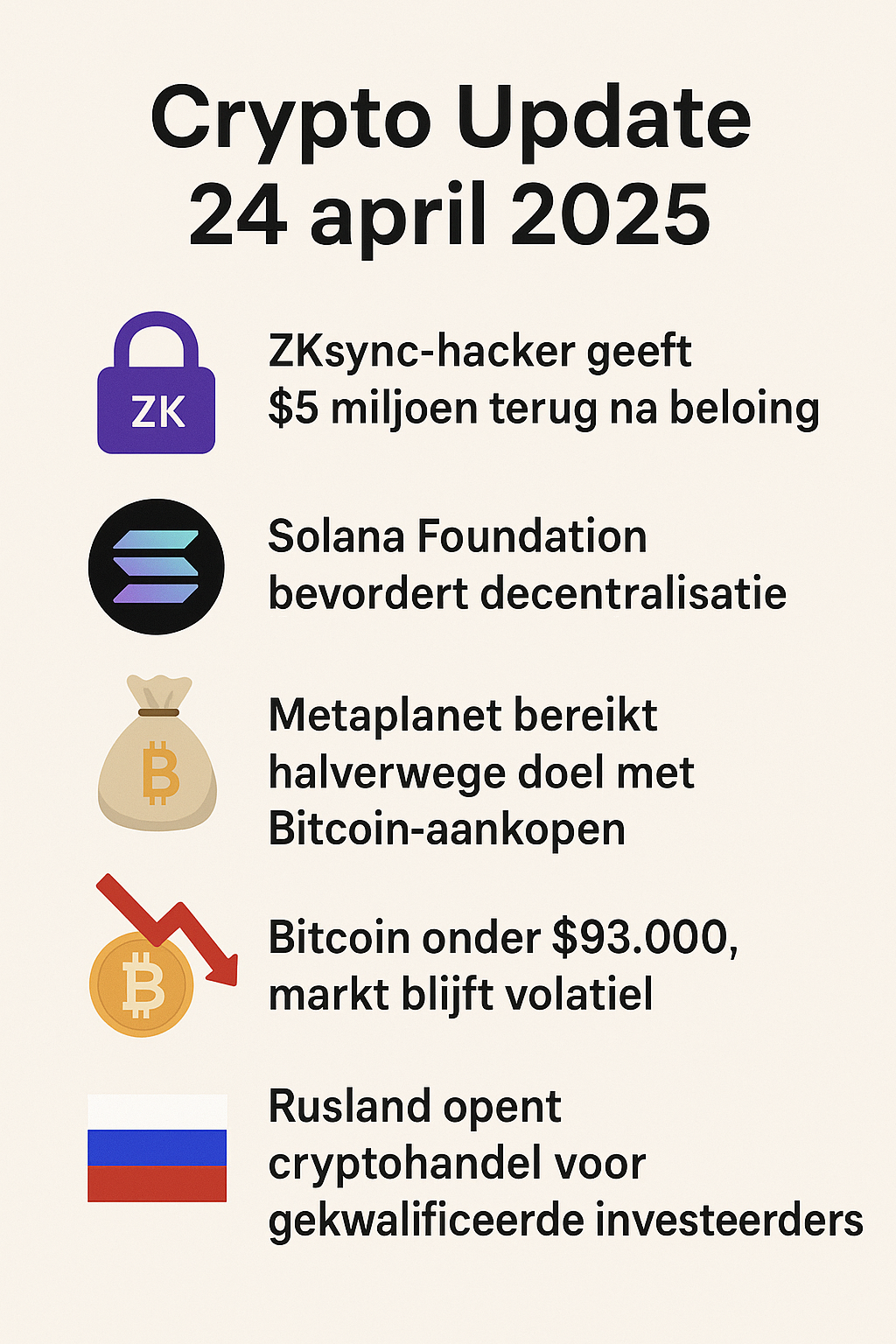 Overzichtsgrafiek met als titel “Crypto Update 24 april 2025”, met vijf korte headlines en bijpassende iconen over het laatste cryptonieuws, waaronder: teruggegeven $5 miljoen door ZKsync-hacker