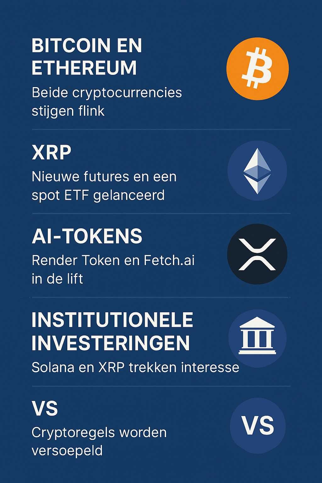 Infographic met het belangrijkste crypto nieuws van 27 april 2025, inclusief prijsstijgingen van Bitcoin en Ethereum, lancering van XRP ETF, opkomst van AI-tokens zoals RNDR en FET