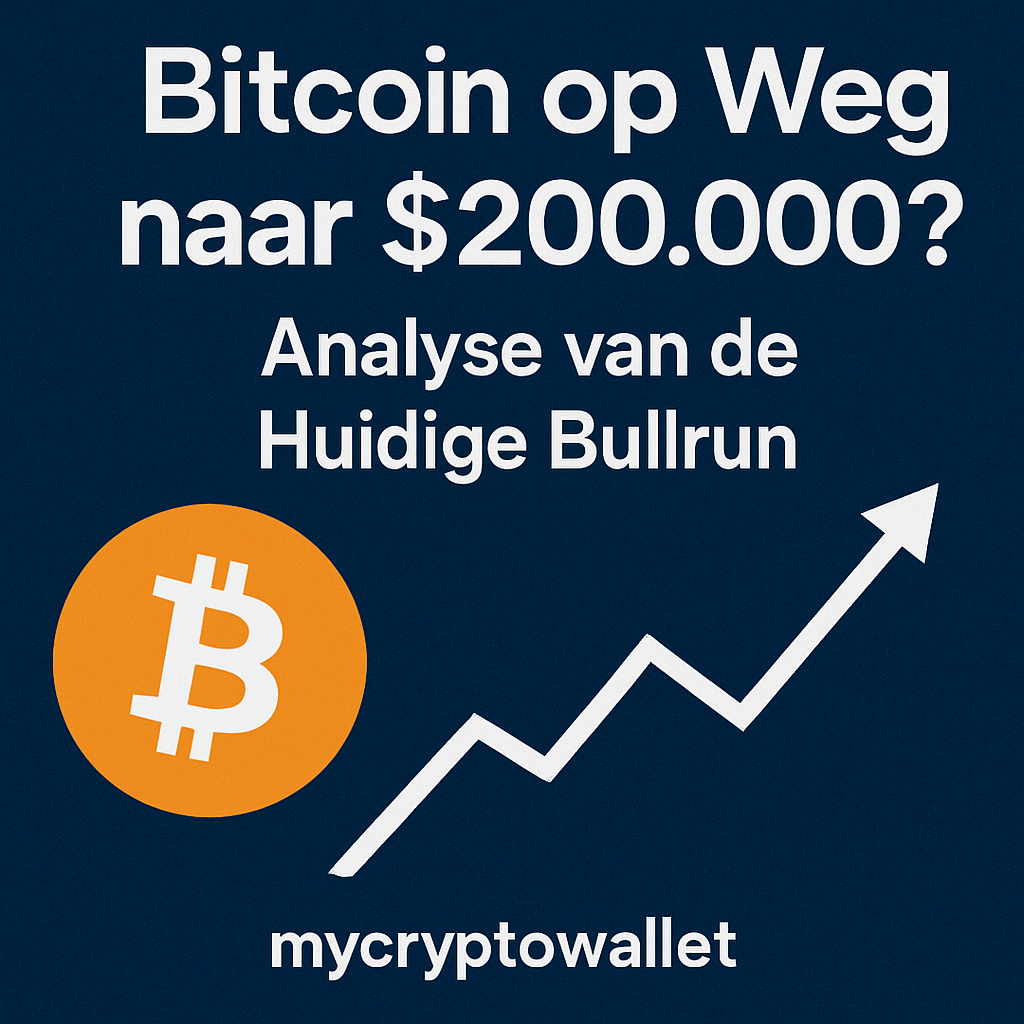 Afbeelding met de tekst “Bitcoin op Weg naar $200.000? Analyse van de Huidige Bullrun”, met een Bitcoin-logo en een stijgende lijn die groei symboliseert, tegen een blauwe achtergrond.