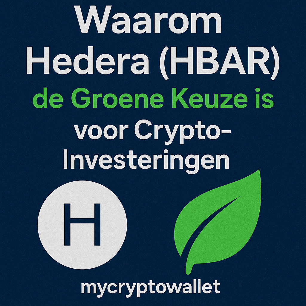 Afbeelding met de tekst “Waarom Hedera (HBAR) de Groene Keuze is voor Crypto-Investeringen”, met het Hedera-logo en een groene bladillustratie op een blauwe achtergrond.