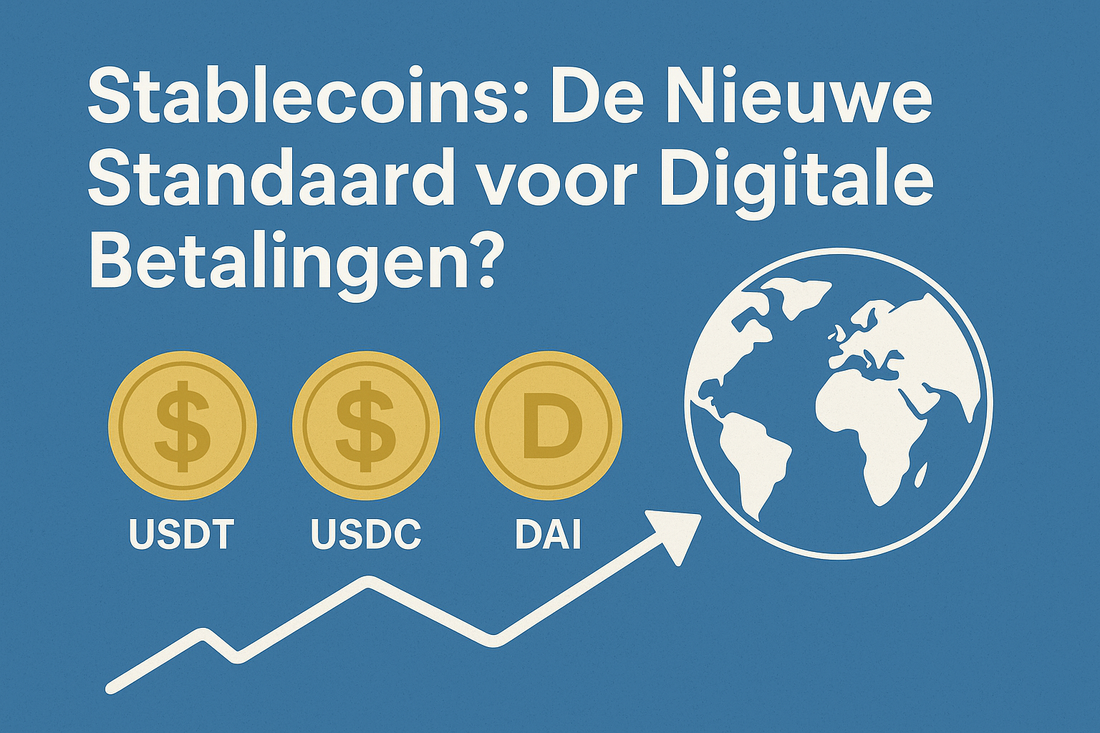 Afbeelding met de tekst “Stablecoins: De Nieuwe Standaard voor Digitale Betalingen?”, drie munten (USDT, USDC, DAI) en een wereldkaart tegen een blauwe achtergrond.